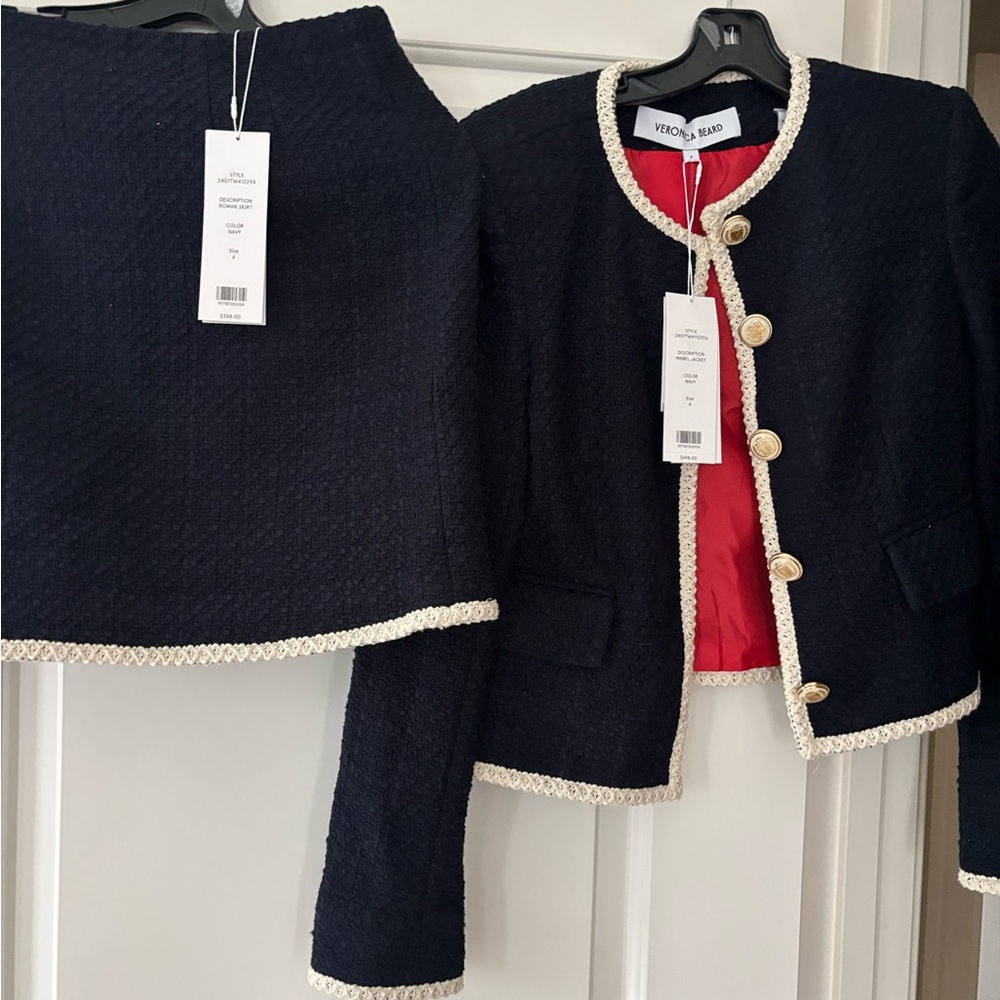 Veronica Beard Navy Tweed Jacket & Skirt Set with Ivory Trim